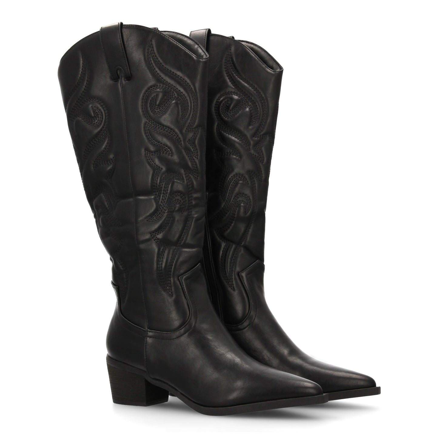 Bota cowboy de caña alta con bordados decorativos y punta fina. tacón ancho ´cóm