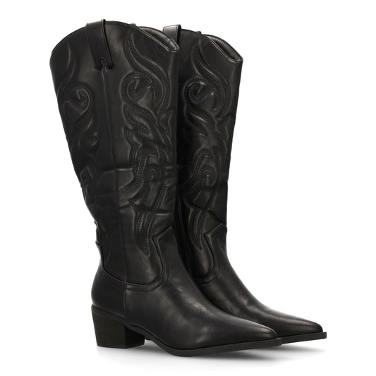 Bota cowboy de caña alta con bordados decorativos y punta fina. tacón ancho ´cóm