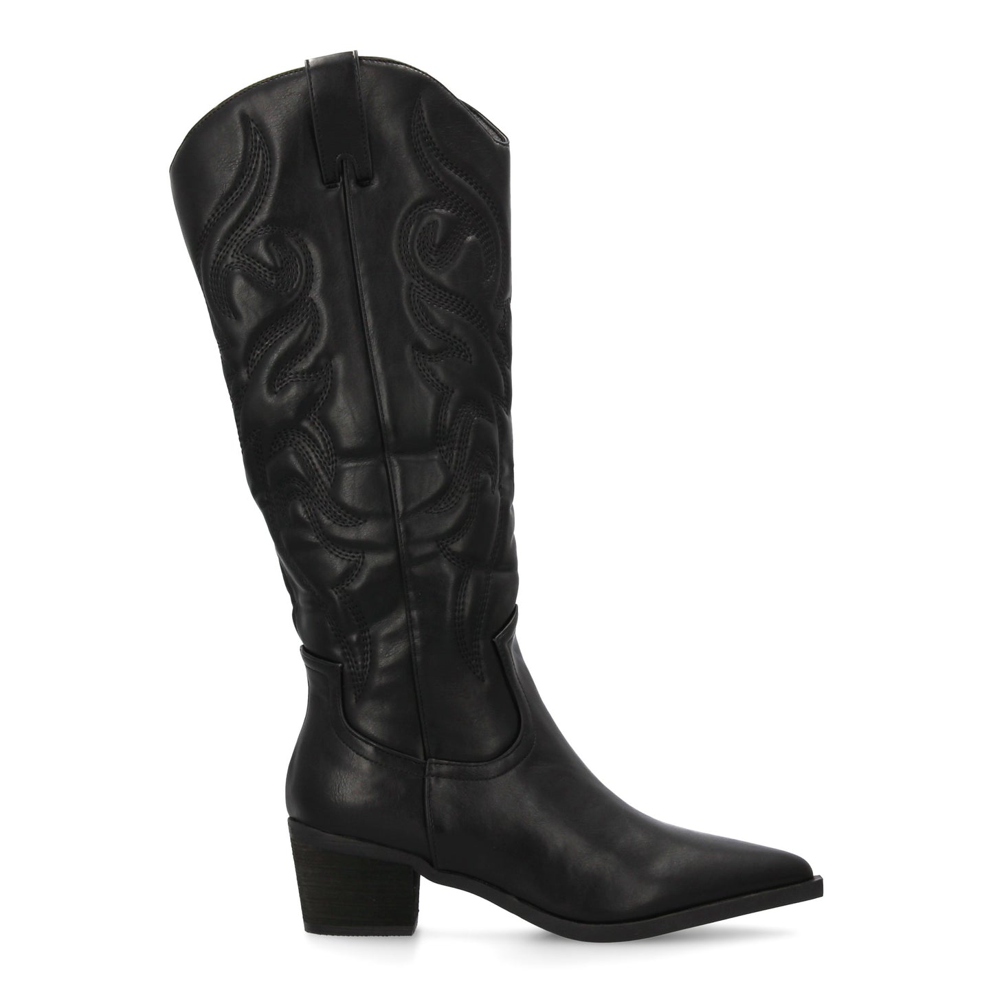Bota cowboy de caña alta con bordados decorativos y punta fina. tacón ancho ´cóm