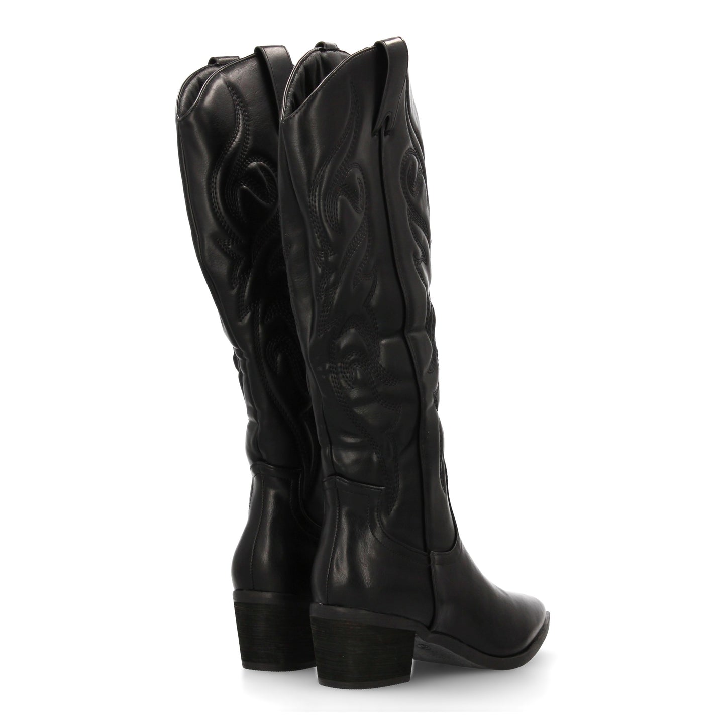 Bota cowboy de caña alta con bordados decorativos y punta fina. tacón ancho ´cóm