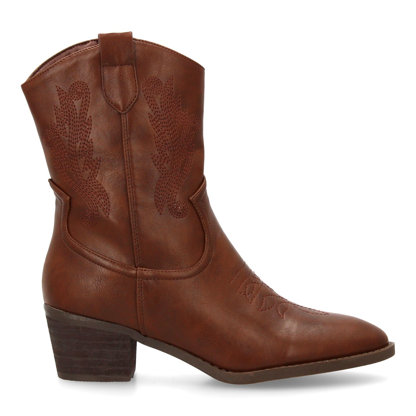 Bota cowboy de caña media con bordados laterales y punta fina. tacón ancho comod