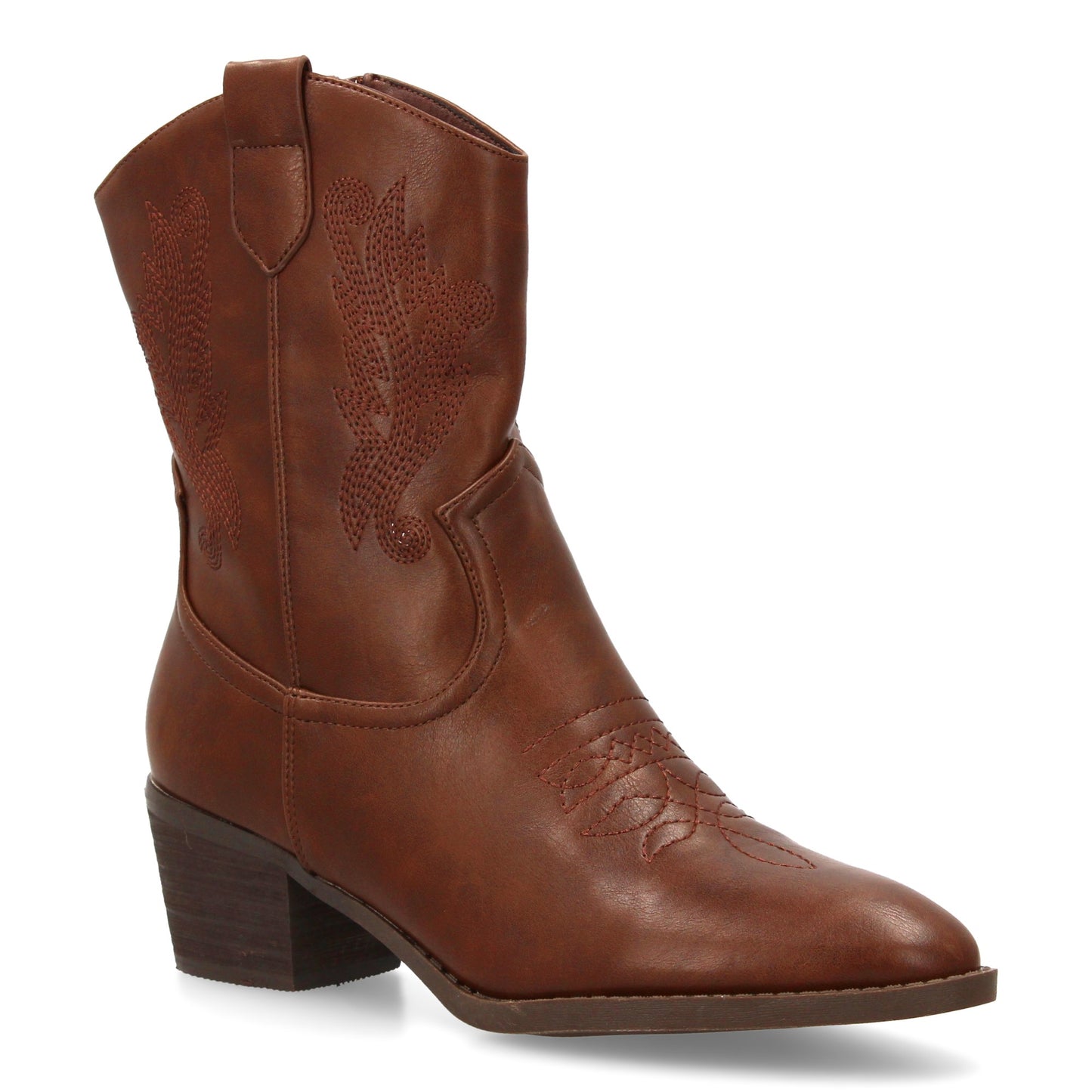 Bota cowboy de caña media con bordados laterales y punta fina. tacón ancho comod