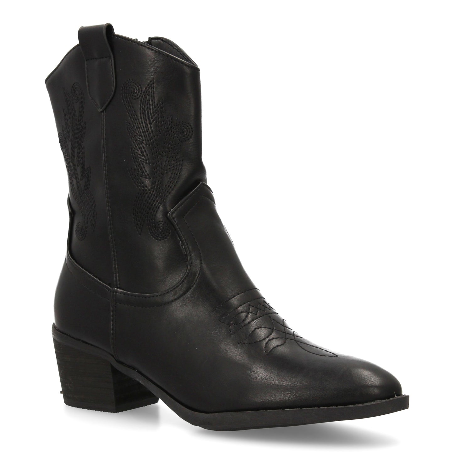 Bota cowboy de caña media con bordados laterales y punta fina. tacón ancho comod