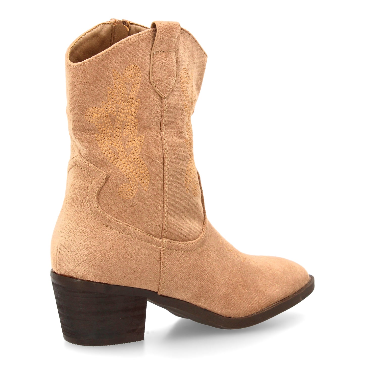 Bota cowboy de caña media con bordados laterales y punta fina. tacón ancho comod