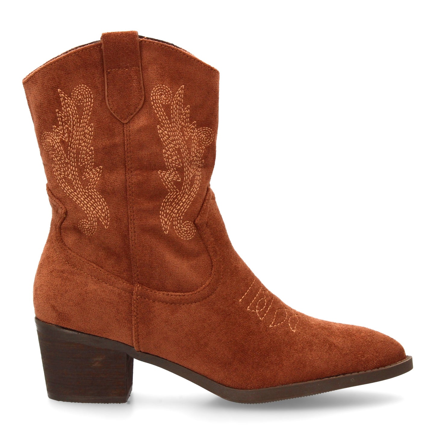 Bota cowboy de caña media con bordados laterales y punta fina. tacón ancho comod