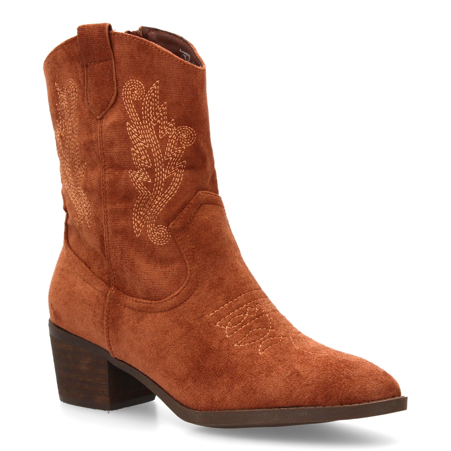 Bota cowboy de caña media con bordados laterales y punta fina. tacón ancho comod