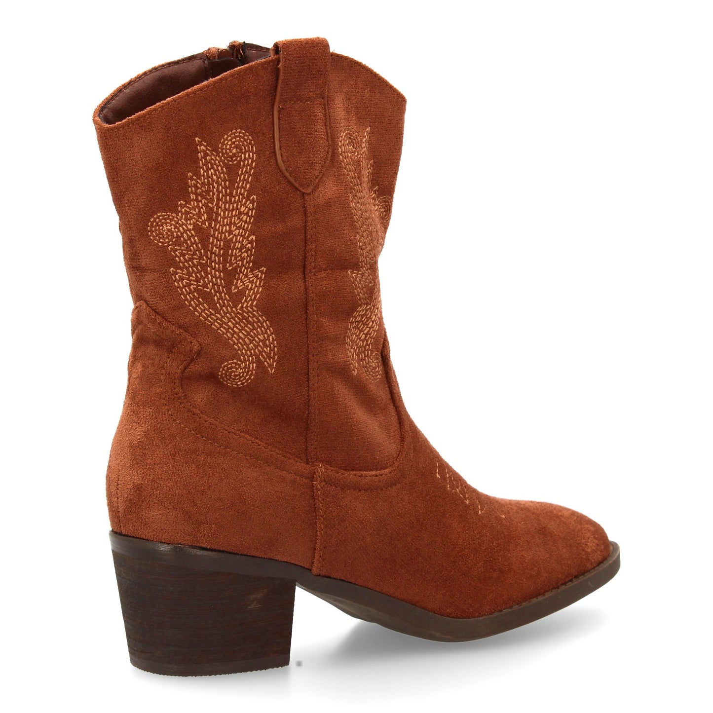 Bota cowboy de caña media con bordados laterales y punta fina. tacón ancho comod