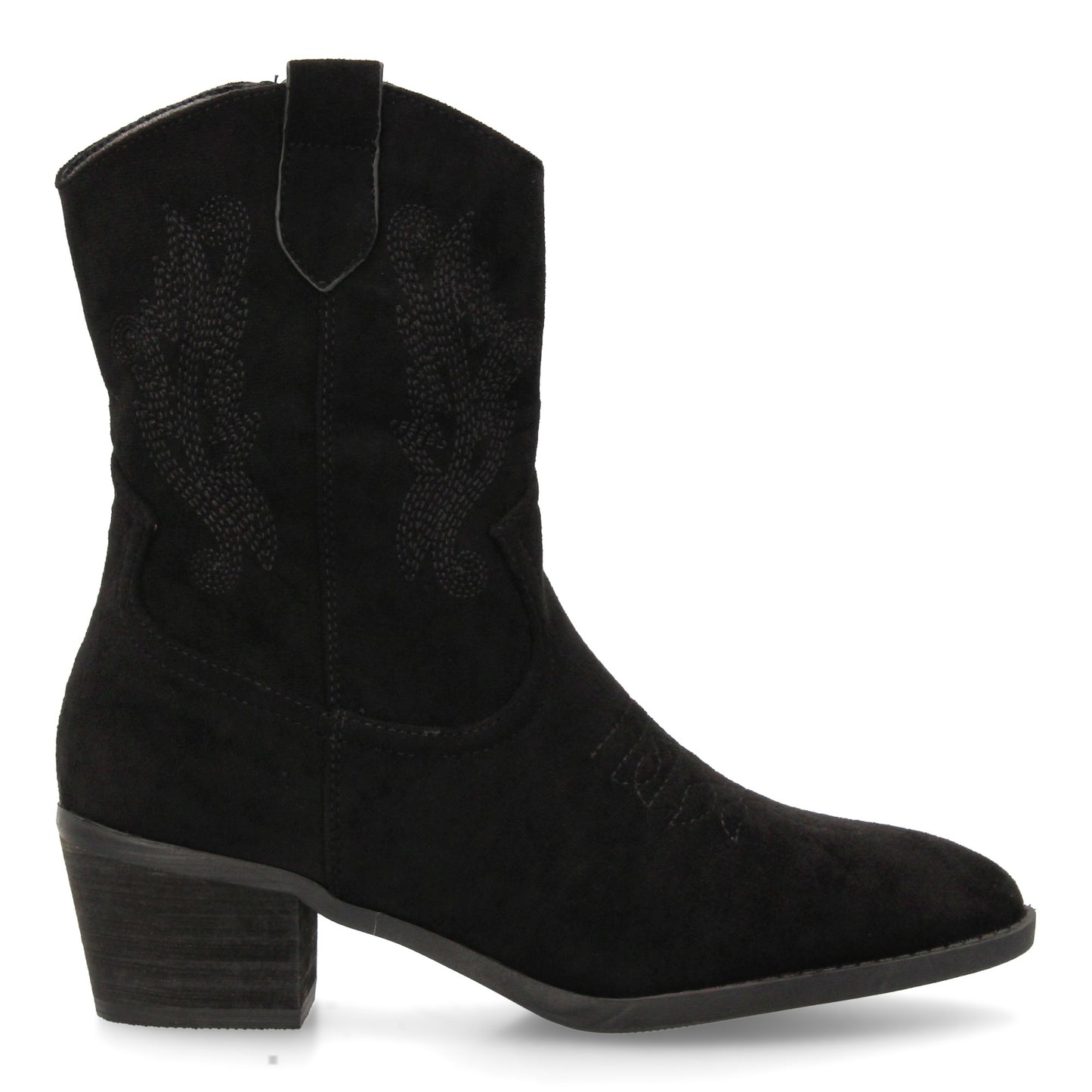 Bota cowboy de caña media con bordados laterales y punta fina. tacón ancho comod