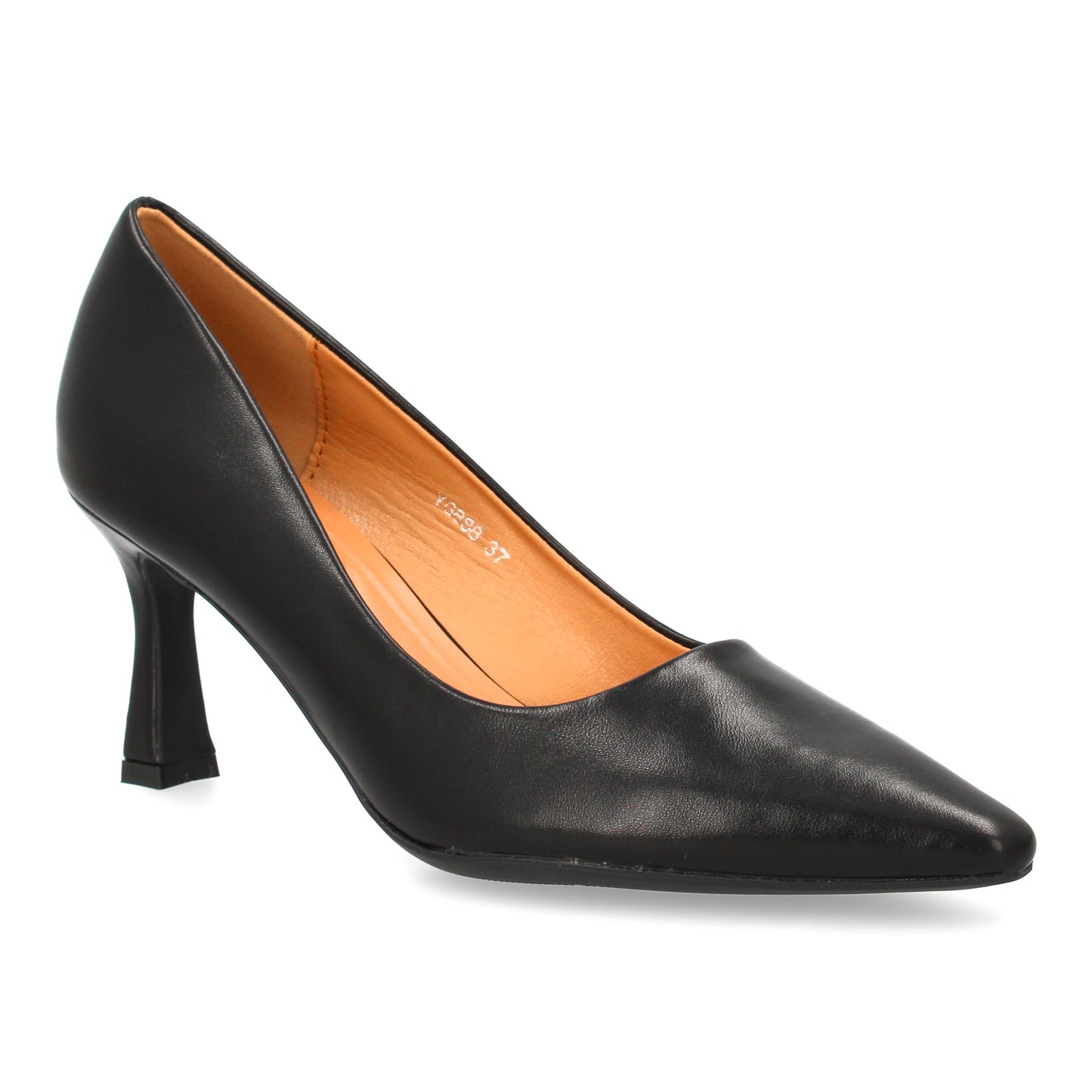 Zapato de salón clásico con punta fina y tacón comodo. Estampado liso sin cierre