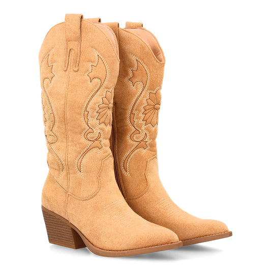 Bota cowboy de caña alta con bordados  para mujer. tacón medio y punta fina  est