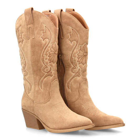 Bota cowboy de caña alta con bordados  para mujer. tacón medio y punta fina  est