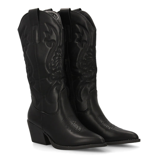 Bota cowboy de caña alta con bordados  para mujer. tacón medio y punta fina  est