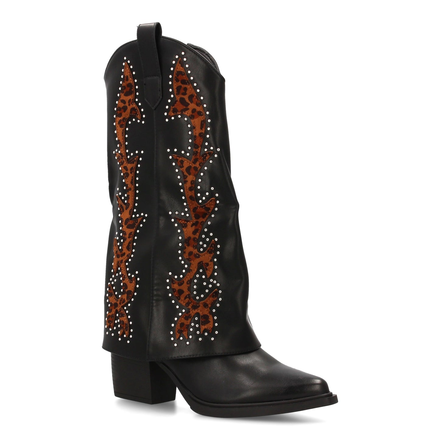 Bota cowboy de caña alta con bordados estampados y tachuelas metálicas. tacón an