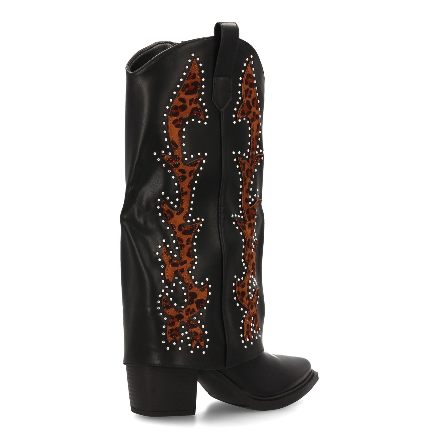 Bota cowboy de caña alta con bordados estampados y tachuelas metálicas. tacón an