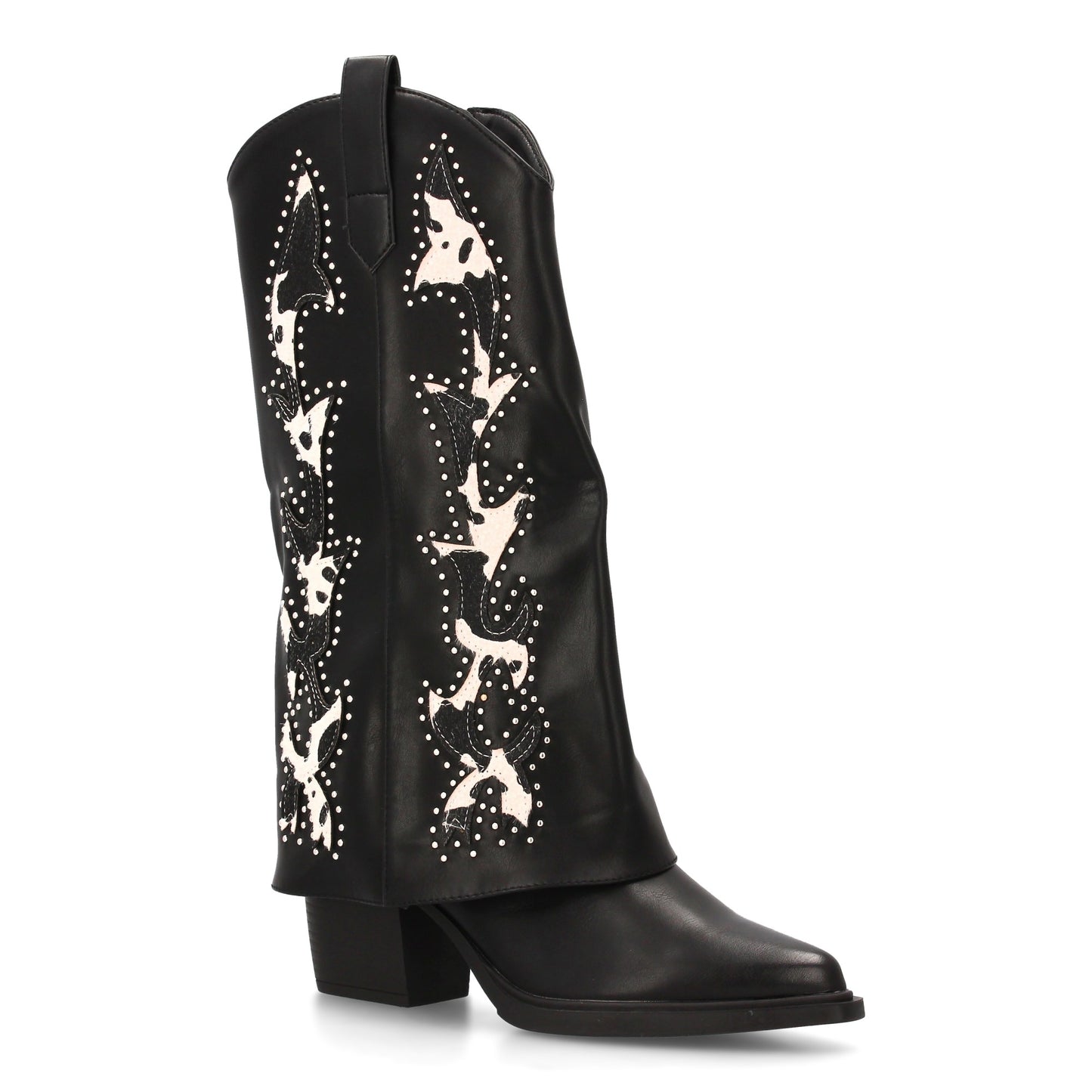 Bota cowboy de caña alta con bordados estampados y tachuelas metálicas. tacón an