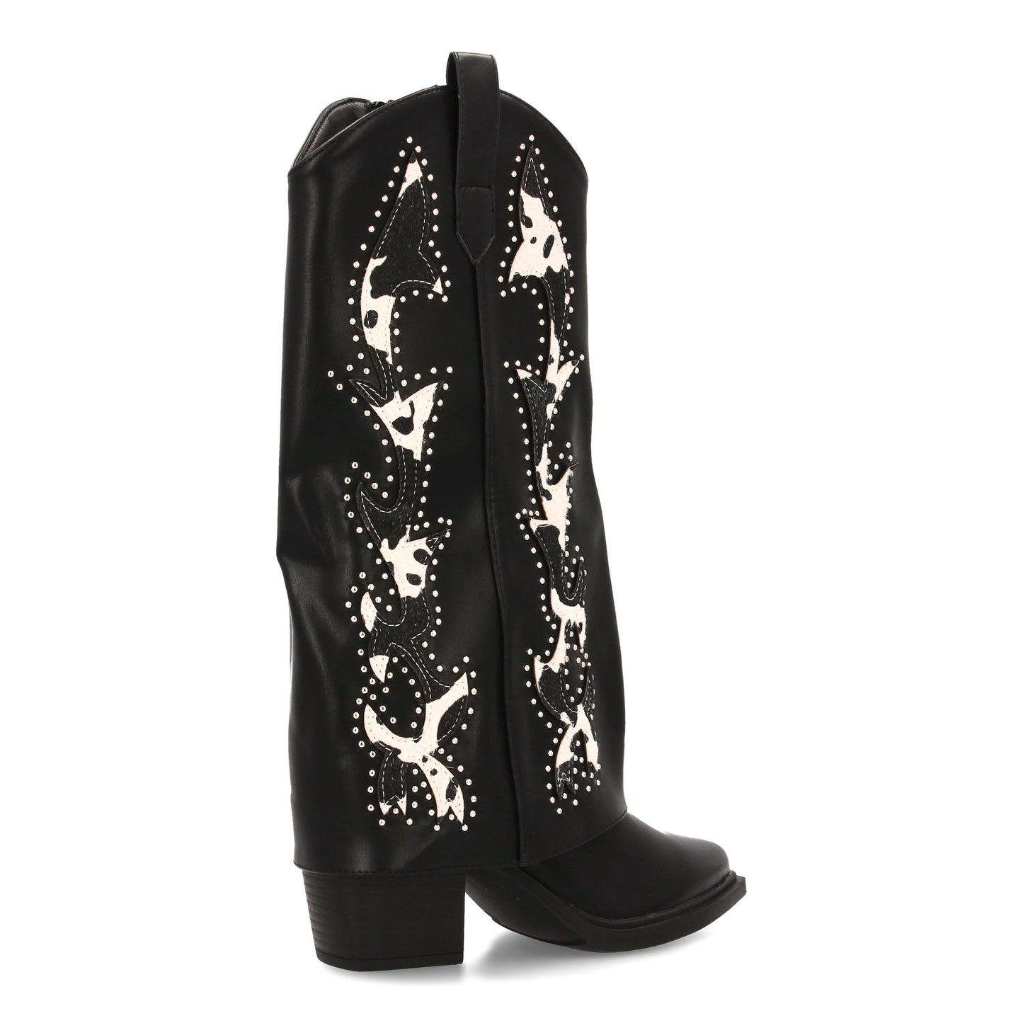 Bota cowboy de caña alta con bordados estampados y tachuelas metálicas. tacón an