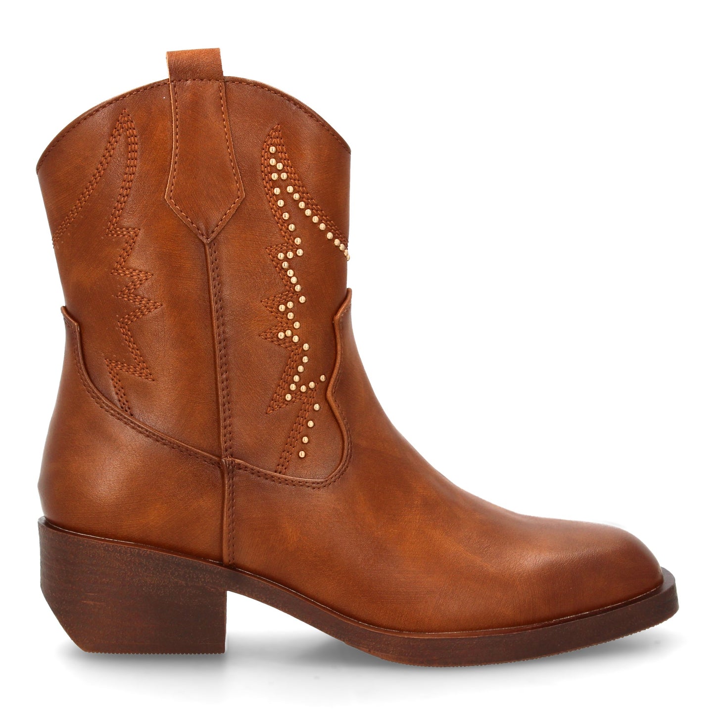 Bota cowboy para mujer con caña media adornada con tachuelas decorativas y costu