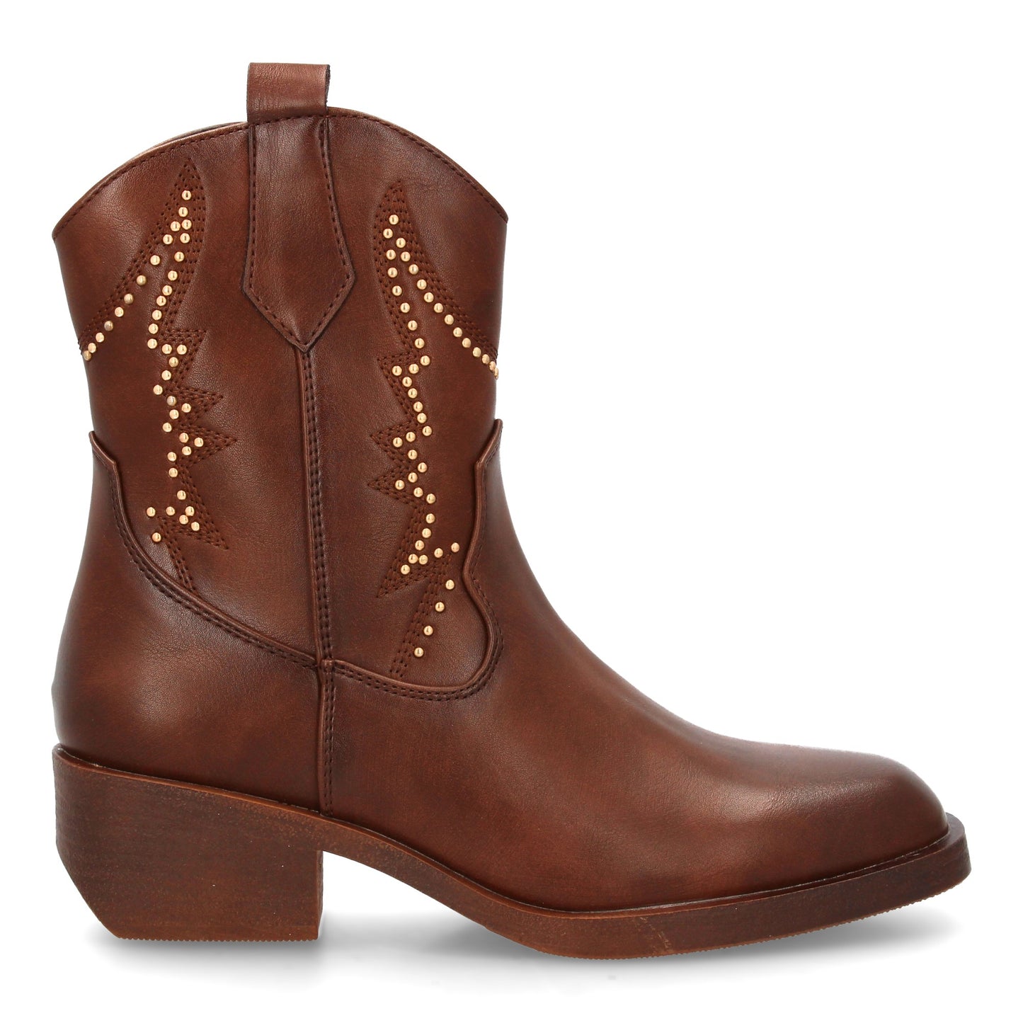 Bota cowboy para mujer con caña media adornada con tachuelas decorativas y costu